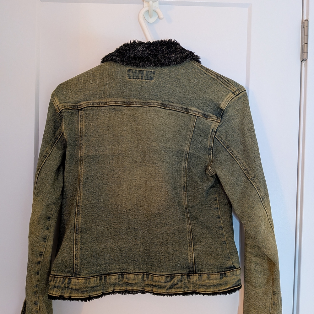 Vtg Sherpa Trim Denim Jacket Daniel Jeans Black wash Collar Lined USA Sz M Y2K - Picture 6 of 9